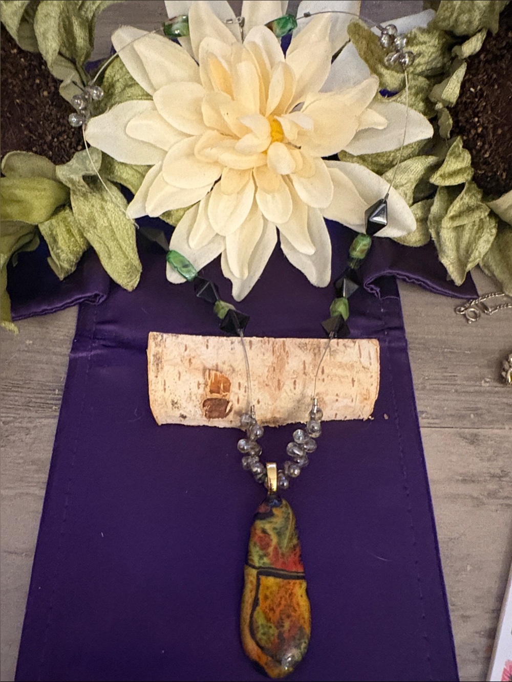 Handmade: Hand Cut Multicolor Glass & Fired Pendent with matching colored beads